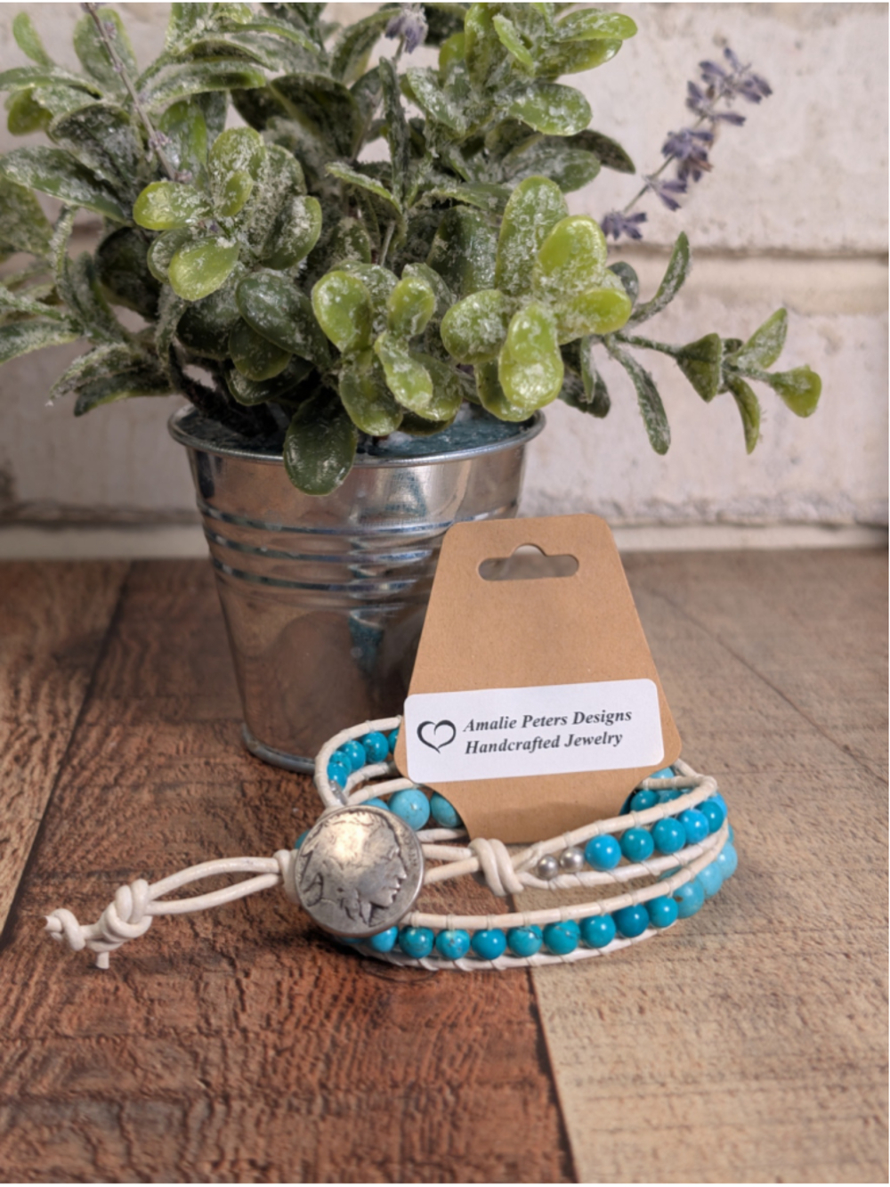 NEW Artisan Double Wrap Turquoise Beaded White Knotted Leather Button Bracelet